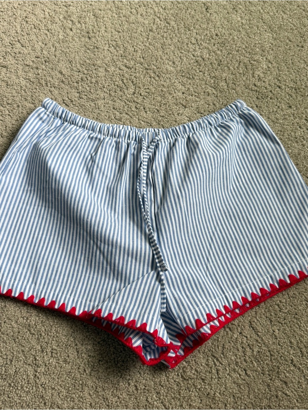 SHEIN Blue & White Striped Athletic Shorts with Red Trim